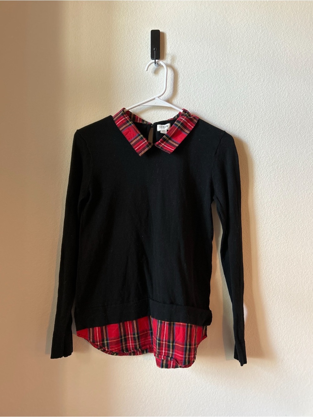J. Crew Black Sweater with Red Plaid Collar and Hem